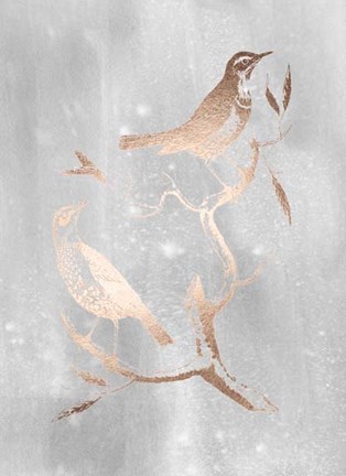 Framed Rose Gold Foil Birds I on Grey Wash Print