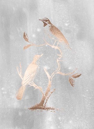Framed Rose Gold Foil Birds II on Grey Wash Print