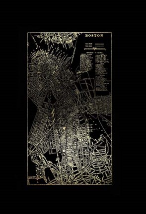Framed Gold Foil City Map Boston on Black Print
