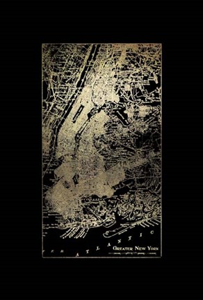 Framed Gold Foil City Map New York on Black Print
