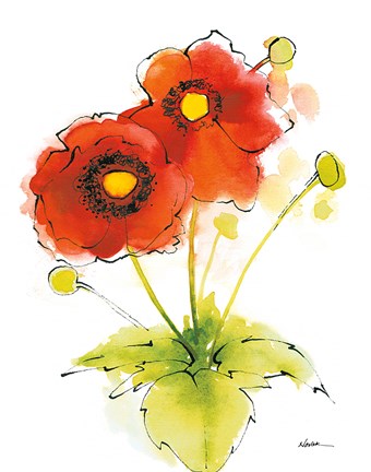 Framed Flores Rojas Green Leaves I Print