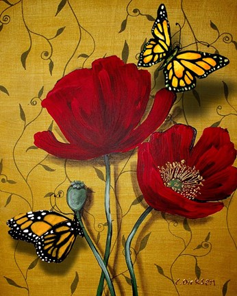 Framed Red Poppies With Yellow Butterflies Print
