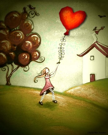 Framed Girl Flying a Heart Balloon Print
