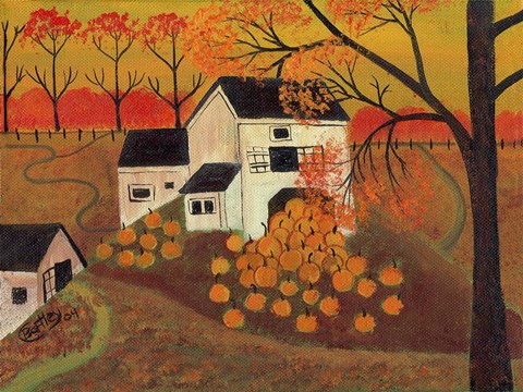 Framed Pumpkin Barn Autumn Folk Art Print