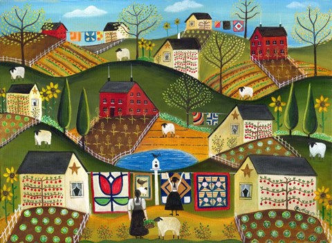 Framed Country Garden Folk Art Quilts Print