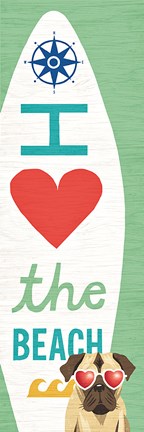 Framed Beach Bums Pug Surf Board Print