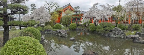 Framed Trees in Pond at Sanjusangen-Do Temple, Kyoto, Japan Print