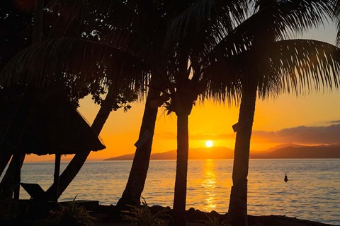 Framed Sunset through Palms, Taveuni, Vanua Levu in Background, Fiji Print