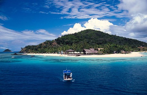 Framed Boat Approaching Castaway Island Resort, Mamanuca Islands, Fiji Print