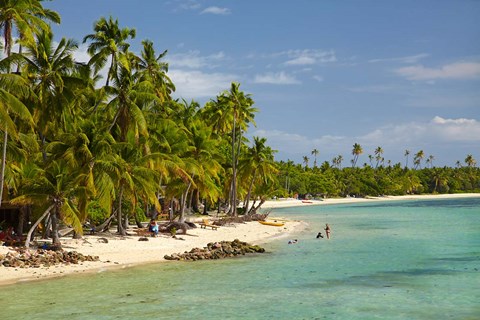 Framed Beach, palm trees and beachfront bures, Plantation Island Resort, Malolo Lailai Island, Mamanuca Islands, Fiji Print
