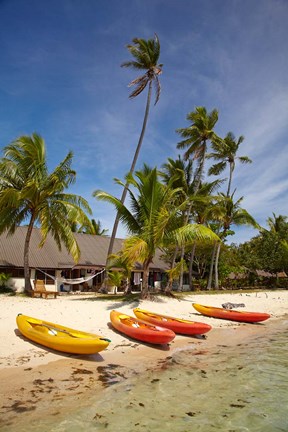 Framed Kayak on the beach, and waterfront bure, Mamanuca Islands, Fiji Print