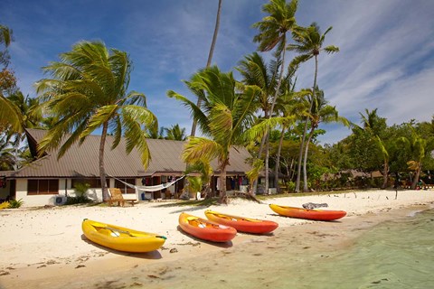 Framed Kayak on the beach, and waterfront bure, Plantation Island Resort, Malolo Lailai Island, Mamanuca Islands, Fiji Print