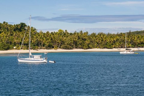 Framed Little sailboat in the blue lagoon, Yasawa, Fiji, South Pacific Print