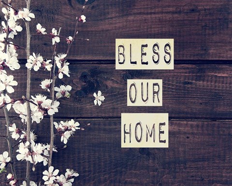 Framed Bless Our Home Flowers on Wood Background Print