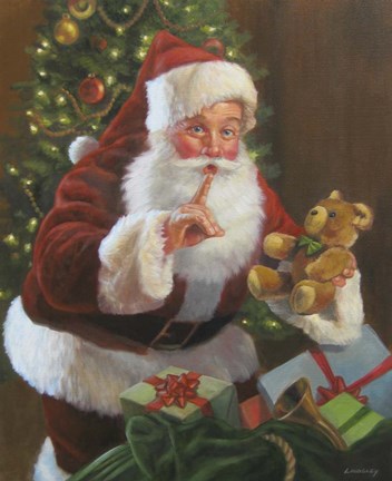 Framed Santa With Teddy Bear Print