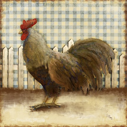 Framed Rooster on Damask II Print