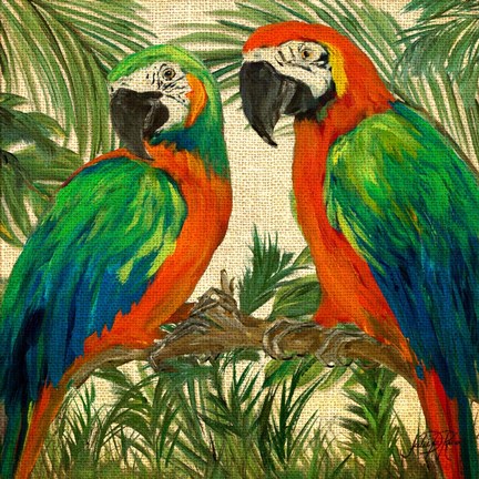 Framed Island Birds Square on Burlap I Print