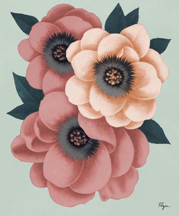 Framed Pink Flowers on Mint II Print