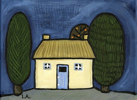 Framed Cottage with Blue Door Print