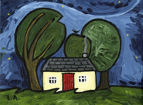 Framed Cottage at Night Print