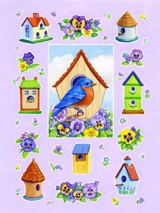 Framed Bluebird And Pansies Print