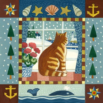 Framed Folk Art Cat Winter Print