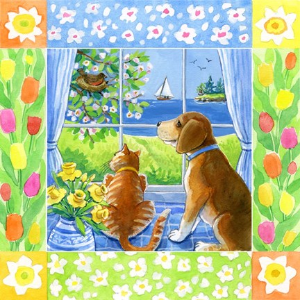 Framed Spring Cat And Dog Print