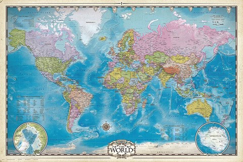 Framed Map of the World with Poles Print