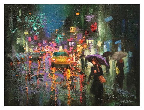 Framed Night Rain in Village Print