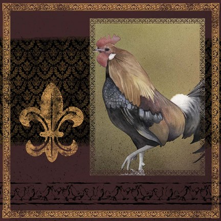 Framed Rooster Ware Burgundy I Print