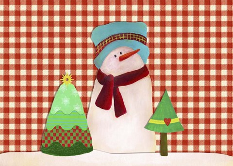 Framed Snowman With Teal Hat With Christmas Trees Print