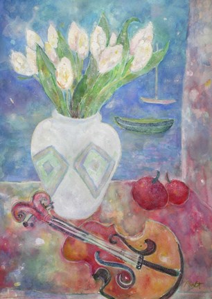 Framed Violin With Flowers Print