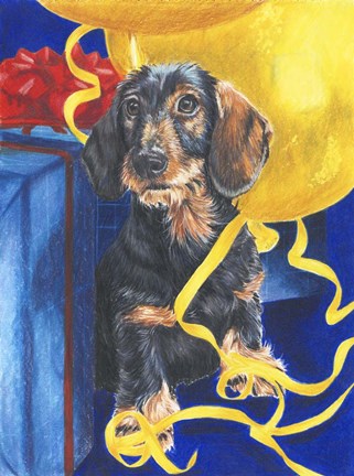 Framed Dachsund With Yellow Ribbons And Balloons Print
