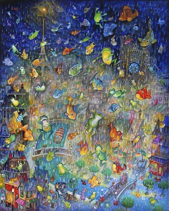 Framed Raining Frogs &amp; Fishes Print