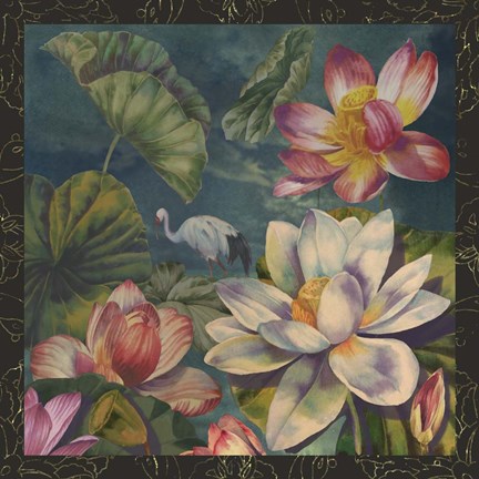 Framed Lotus and Crane Print