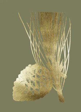 Framed Gold Foil Pine Cones I on Mid Green Print
