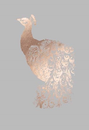 Framed Rose Gold Foil Peacock I on Grey Print