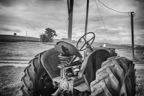 Framed Tractor and Tobacco Field BW Print