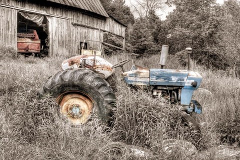 Framed Blue Tractor BW Print