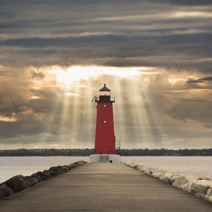 Framed Manistique Lighthouse &amp; Sunbeams, Manistique, Michigan '14 - Color Print
