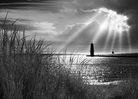 Framed Frankfort Lighthouse and Sunbeams, Frankfort, Michigan '13-IR Print