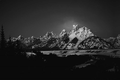 Framed Full Moon Sets In the Teton Mountain Range Print