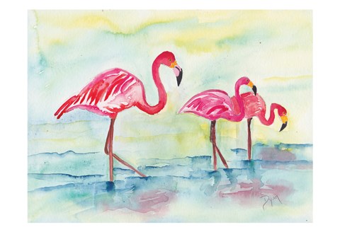 Framed Sunset Flamingoes I Print