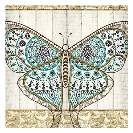 Framed Damask Butterfly Teal 1 Print