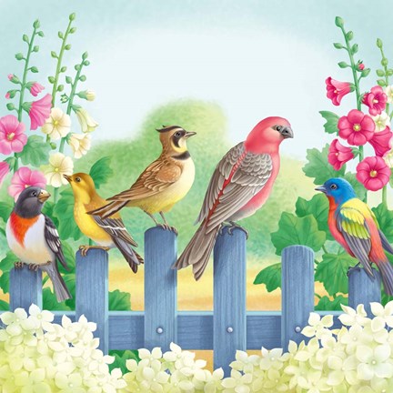 Framed Songbirds On Fence Print