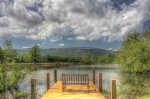 Framed Pond Bench Dock and Mountain Print