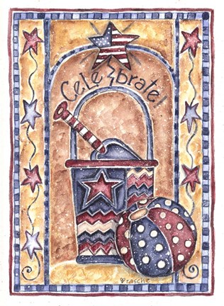 Framed Celebrate Patriotic Sand Pail &amp; Beach Ball Print