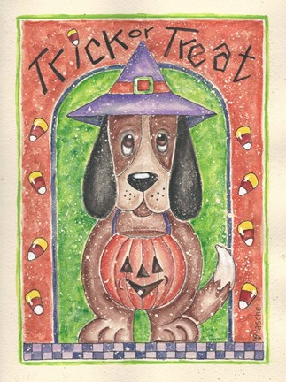 Framed Trick or Treat Dog holding Pumpkin Print