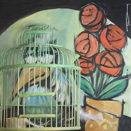 Framed Bird In Cage With Potted Plant Print
