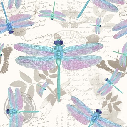 Framed Vintage Botanicals Dragonfly Pattern Aqua Print